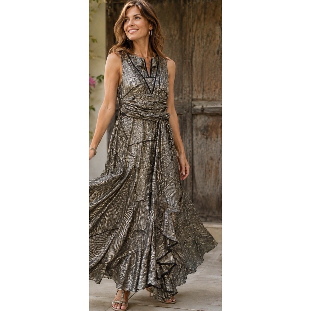 Ashro Maxi Dress Black & Silver Metallic Flowy Dress Sleeveless Size Large